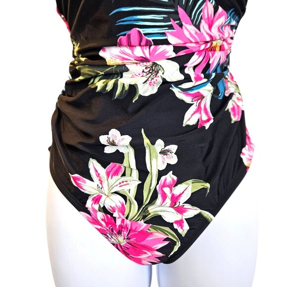 Kona Sol Womens High Coverage One-Piece Swimsuit Tropical Floral Print XS Beach - Picture 7 of 13
